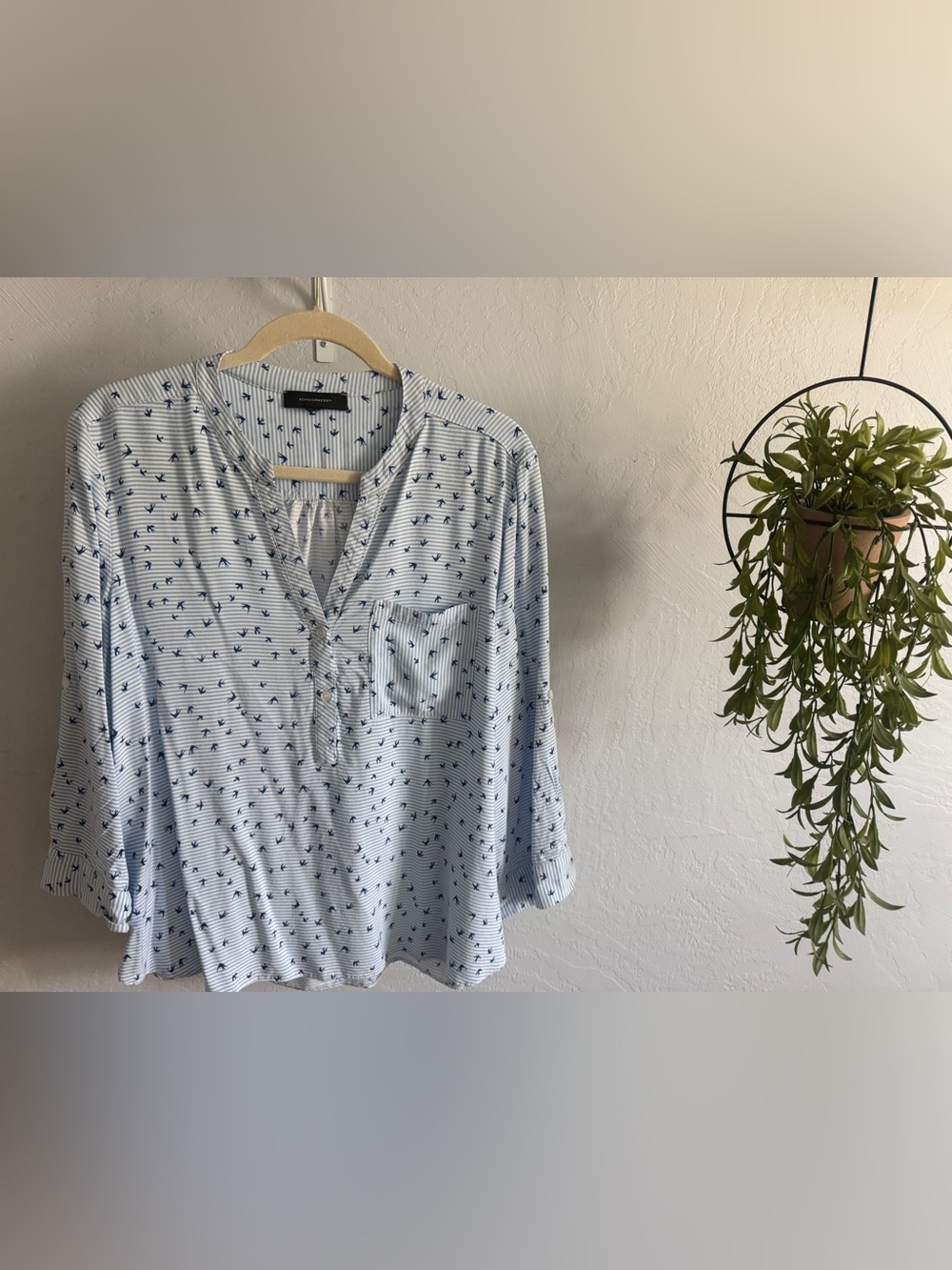 Atmosphere Light Blue Striped Button-Front Shirt with Navy Bird Motif